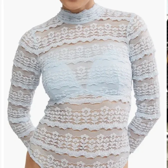 Free People Angelina Floral Lace Detail Bodysuit Size:S Color: Light Blue NWOT - Picture 2 of 7